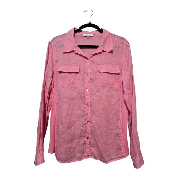 Calvin Klein Linen Button Down Blouse Shirt Women LG Pink Roll Tab Sleeve Preppy - Picture 1 of 10